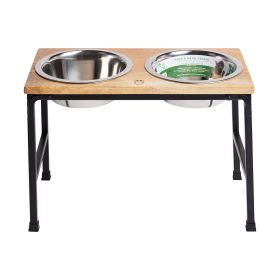 Mango wood & metal super-elevated double feeder w/ 2 Stainless Steel Insert bowls - Natural