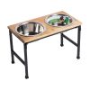 Mango wood & metal super-elevated double feeder w/ 2 Stainless Steel Insert bowls - Natural