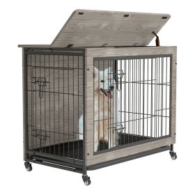 Dog Crate Furniture , 38'' Heavy Duty Wooden Dog Kennel with Double Doors & Flip-Top for Large Dogs, Furniture Style Dog Crate End Table with Wheels