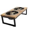 Mango wood & metal elevated double feeder w/ 2 Stainless Steel Insert bowls - Natural