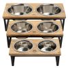 Mango wood & metal elevated double feeder w/ 2 Stainless Steel Insert bowls - Natural