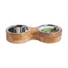 Mango wood double feeder w/ 2 Stainless Steel Insert bowls - Natural