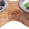 Mango wood double feeder w/ 2 Stainless Steel Insert bowls - Natural